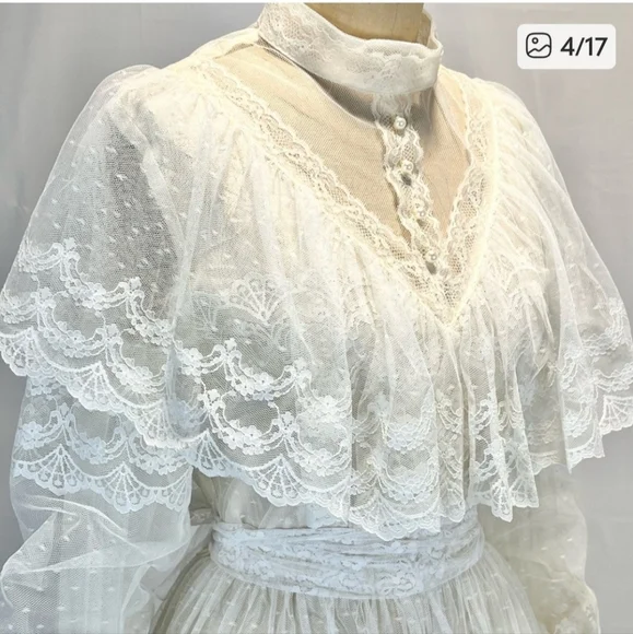VINTAGE 70s wedding dress prairie bridal‎ gown flouncy ruffle lace long sleeve - Picture 3 of 16